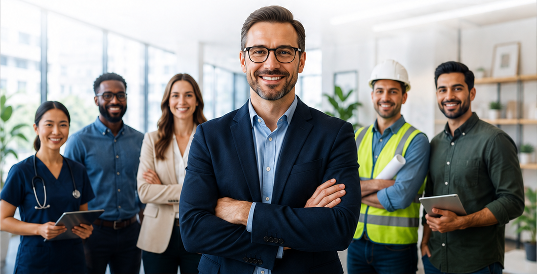 A hiring manager standing with a team of contractors from a range of trades and professions