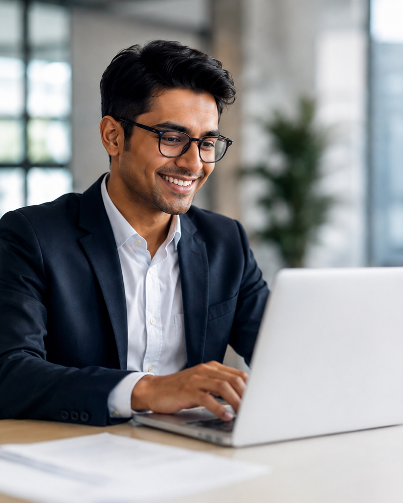 An independent professional working on a contract project at a laptop