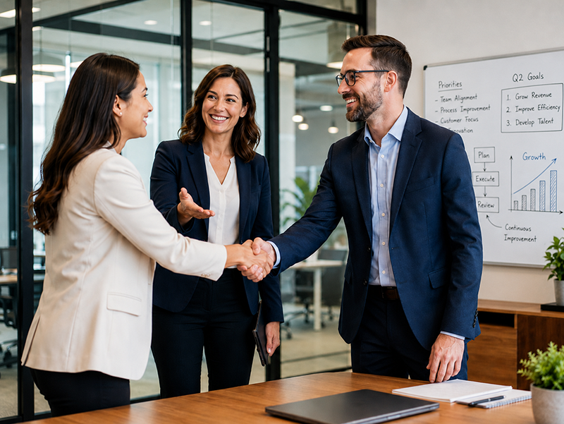 A recruiter shaking hands with a client company's hiring manager